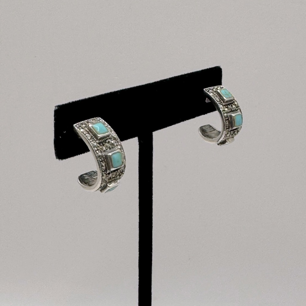 VINTAGE Sterling Silver Turquoise & Marcasite Hoop Earrings